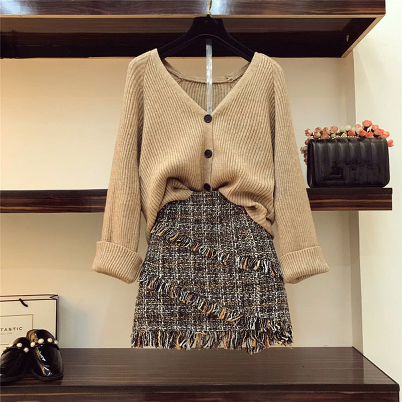 2019 Autumn Winter Womans V-necked Cardigan Knitted Coat + High-waisted Tweed Skirt Two Piece Girl Ladies Skirts Set Outfits