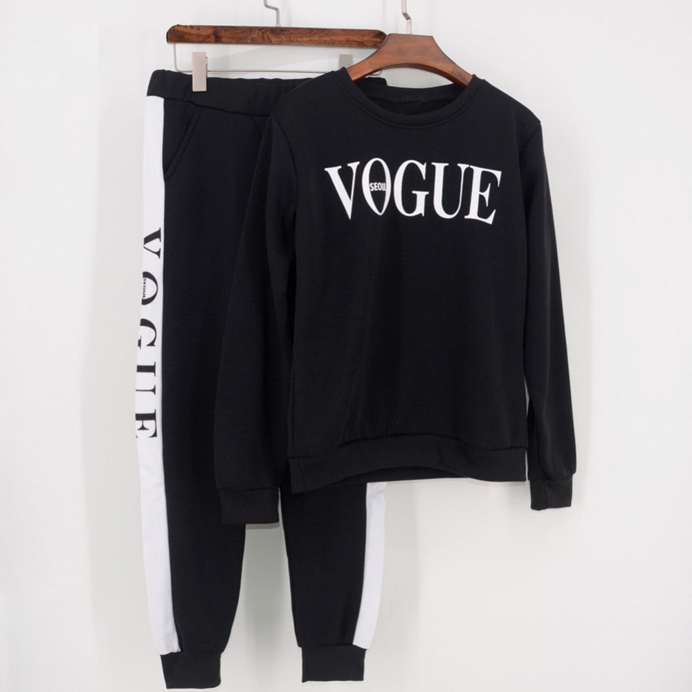 Women Tracksuit 2019 Autumn Winter Women's Suit VOGUE Letter Printed 0-Neck Sweatshirt + Patchwork Long Pant 2 Piece Set