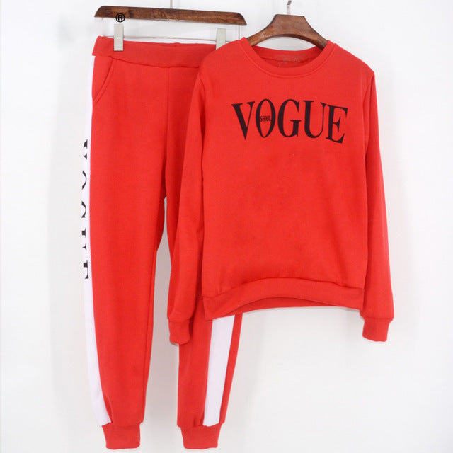 Women Tracksuit 2019 Autumn Winter Women's Suit VOGUE Letter Printed 0-Neck Sweatshirt + Patchwork Long Pant 2 Piece Set