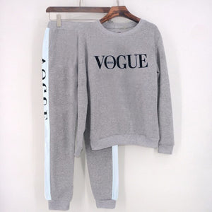 Women Tracksuit 2019 Autumn Winter Women's Suit VOGUE Letter Printed 0-Neck Sweatshirt + Patchwork Long Pant 2 Piece Set