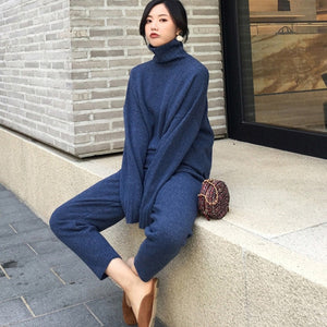 Casual Sweater Pants Knitted 2 Pieces Set Turtleneck Pullovers & Elastic Waist Pants Women Sweater Sets 2019 Autumn Knitted Set