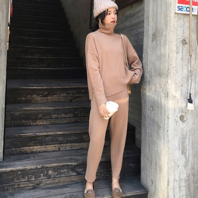 Casual Sweater Pants Knitted 2 Pieces Set Turtleneck Pullovers & Elastic Waist Pants Women Sweater Sets 2019 Autumn Knitted Set