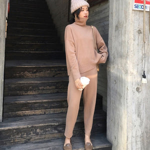 Casual Sweater Pants Knitted 2 Pieces Set Turtleneck Pullovers & Elastic Waist Pants Women Sweater Sets 2019 Autumn Knitted Set