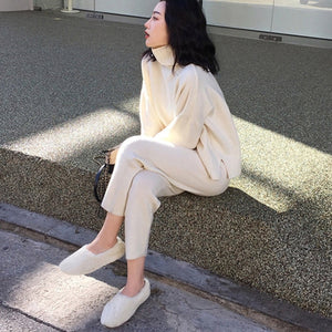 Casual Sweater Pants Knitted 2 Pieces Set Turtleneck Pullovers & Elastic Waist Pants Women Sweater Sets 2019 Autumn Knitted Set