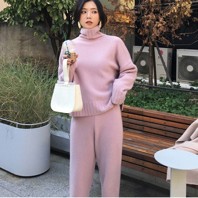 Casual Sweater Pants Knitted 2 Pieces Set Turtleneck Pullovers & Elastic Waist Pants Women Sweater Sets 2019 Autumn Knitted Set