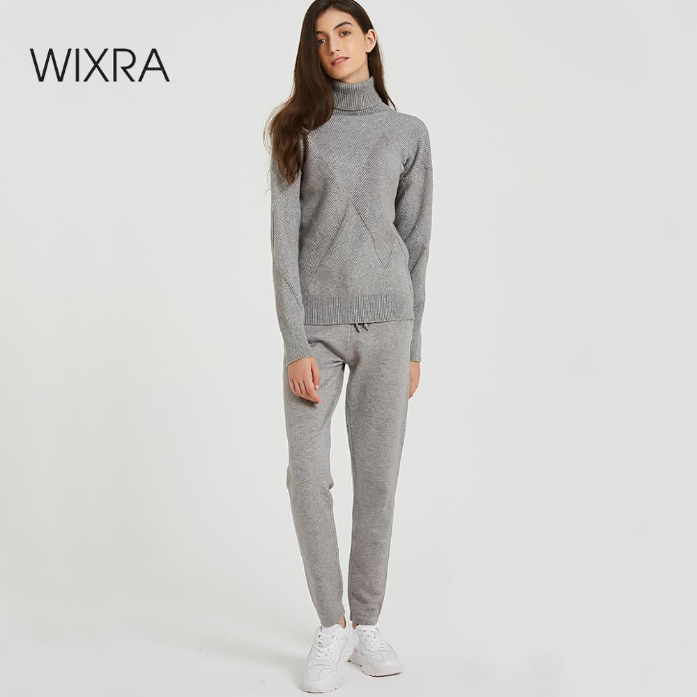 Wixra Autumn Winter Casual Knitted Women's Sets Turtleneck Long Sleeve Sweaters Lace-up Pants Solid Sets For Ladies