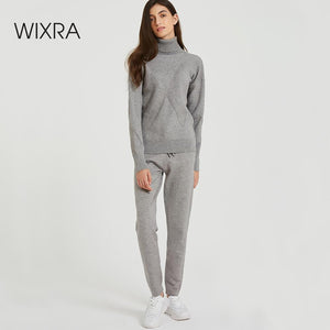 Wixra Autumn Winter Casual Knitted Women's Sets Turtleneck Long Sleeve Sweaters Lace-up Pants Solid Sets For Ladies