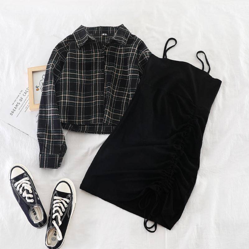 2019 New Ins female two-piece suit early autumn plaid short shirt jacket + solid suspender skirt dress