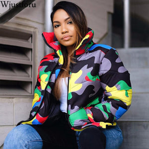 Wjustforu S-4XL Plus Size Camouflage Print Winter Wear Bubble Coat Female Cropped Puffer Down Jacket Plus Size Parka Outerwear