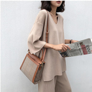 Knitting Female Sweater Pantsuit For Women Two Piece Set Knitted Pullover V-neck Long Sleeve Bandage Top Wide Leg Pants  Suit