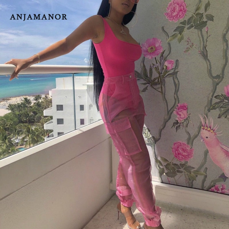 ANJAMANOR Sexy Two Piece Set Bodysuit Top and Mesh Pants Neon Pink Green Summer 2 Piece Club Outfits Matching Sets D59-AB72